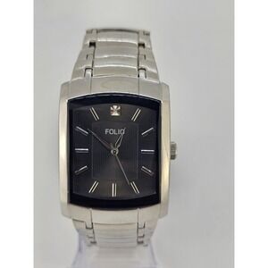 Folio Men's Diamond Watch 35MM Black Dial Gray Bracelet‎ Band 7" New Battery